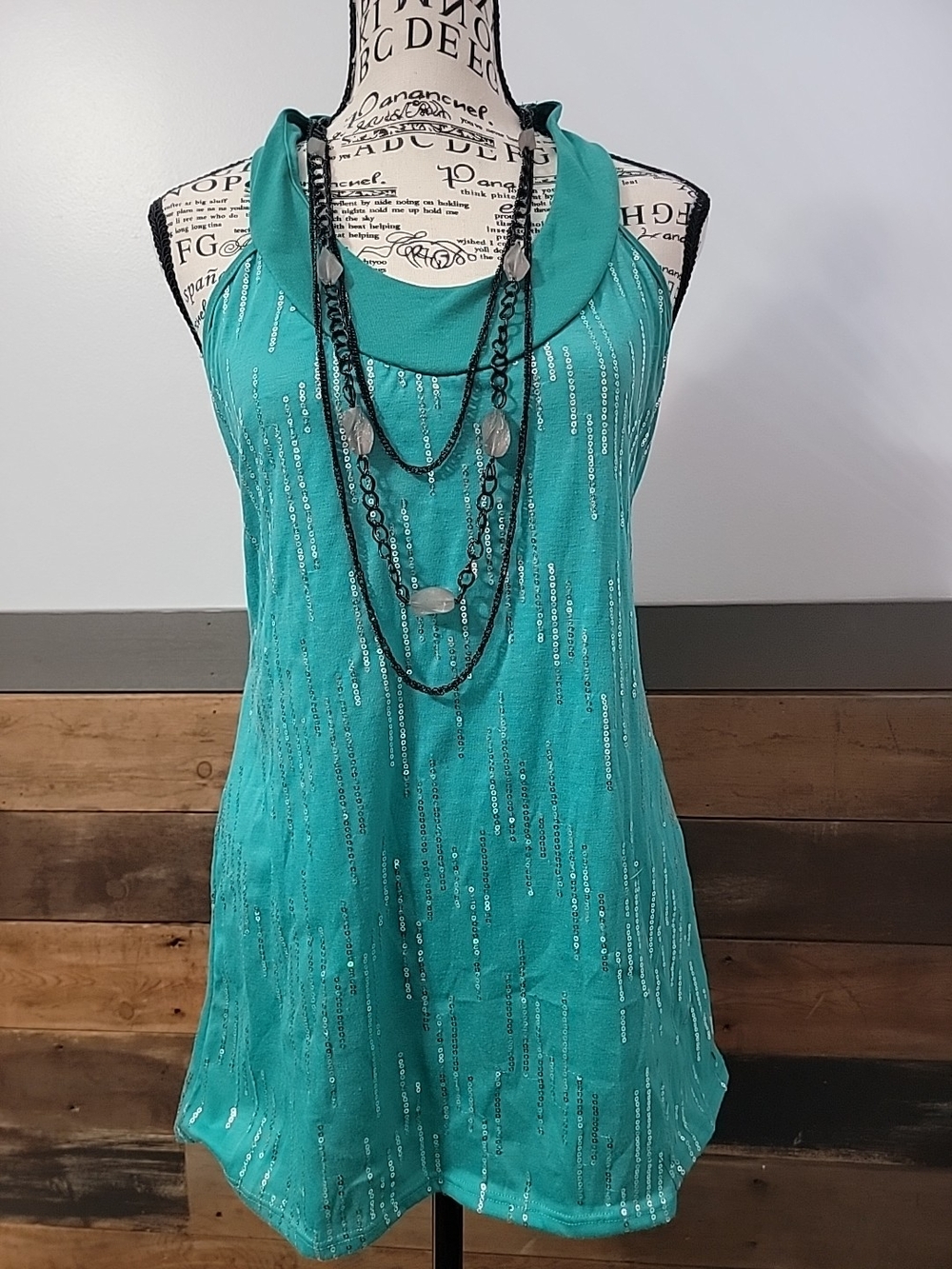 Kiwi Teal Sequin Tank Top With Detachable Necklace